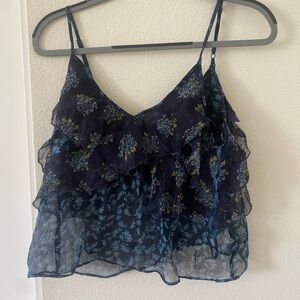 Free People Floral Navy Ruffle Camisole Tank Top